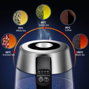 Aigostar Cris - Bouilloire en verre Température Réglable 2200W, 1.7L. Thermostat Réglable 60 à 100ºC et fonction maintien au chaud, Filtre à thé amovible, éclairage LED de couleurs, Sans BPA.
