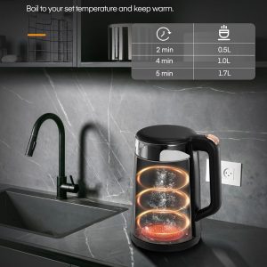 Bouilloire Électrique, 1.7L Bouilloire en Verre avec Maintien au Chaud, 5 Contrôles de Température, 2200W Ébullition Rapide, Arrêt Automatique et Protection Contre L&amp;apos;ébullition à Sec