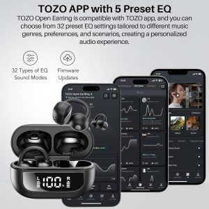 TOZO OpenEarRing Écouteurs Bluetooth sans Fil Ecouteurs Bluetooth 5.4 Ultraléger avec Réduction IA de Bruit ORIGX Acoustique EQs Ajustement 40H d&amp;apos;Autonomie LED Écran USB Type C IPX5 Noir