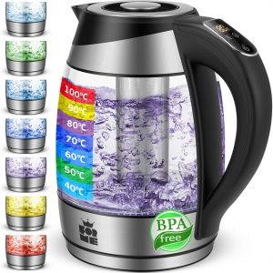 FOR ME Bouilloire Électrique en Verre 1.8L, Contrôle de la Température, Température Réglable à Partir de 40°C à 100°C, Éclairage LED 7 Couleurs, Fonction de Maintien au Chaud, Sans BPA