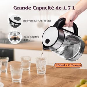 Aigostar Bouilloire Electrique Verre Inox 1,7 litres - Ébullition Rapide Bouilloire électrique 2200W, Sans Fil, éclairage LED, Verre Borosilicaté, Sans BPA, Filtre Anticalcaire, Fermeture Automatique