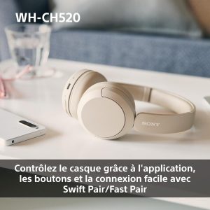 Sony WH-CH520 - Casque Bluetooth sans Fil, Multipoint, Micro intégré - jusqu&amp;apos;à 50 Heures d&amp;apos;autonomie et Charge Rapide - Noir