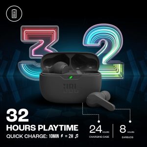 JBL Wave Beam, Écouteurs Intra-Auriculaires sans Fil, Résistance à l&amp;apos;Eau IP54 et IPX2, Appels Mains Libres et Batterie à Autonomie de 32 heures, en Noir