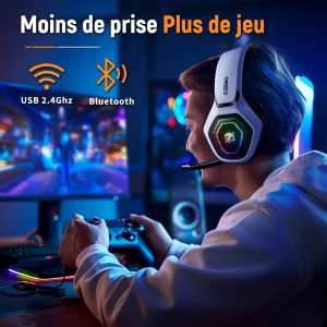 Ozeino Casque Gaming Sans Fil pour PC PS5 PS4, 2.4GHz Audio sans perte, USB & Type-C casque de jeu Ultra Stable avec Microphone Flip, Casque Gamer avec batterie 40 heures pour Switch Laptop Mobile Mac