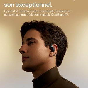 SHOKZ OpenFit 2 Casque à Oreilles Libres, écouteurs Bluetooth sans Fil avec Micro, écouteurs avec Crochet d&apos;oreille et 48 Heures de Lecture, Charge Rapide, résistance IP55, Sac de Transport, Noir