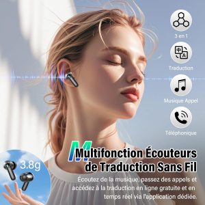 AI Écouteur Traducteur Instantané 164 Langues, ANC/ENC Réduction du Bruit, 7 Modes de Traduction, Écran Tactile LED, IPX7 Étanche, 48H Autonomie, Casque 3-en-1 Musique/Appels/Traducteur