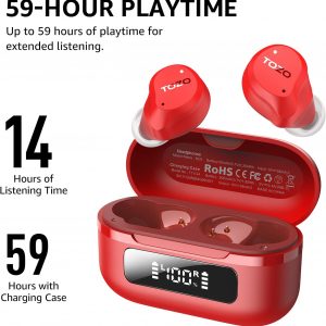 TOZO Hybrid Écouteurs Bluetooth sans Fil, Ecouteurs Bluetooth 5.3 avec Hybride ANC 6 Mics ENC ORIGX 2.0 Acoustique, EQs Ajustement, 59H d&amp;apos;Autonomie, LED Écran, USB Type C, IPX8 Rouge
