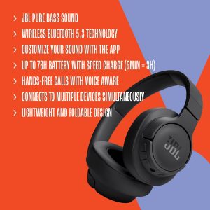 JBL Tune 720BT, casque audio sans fil, léger et confortable, Bluetooth 5.3, autonomie jusqu&amp;apos;à 76 h, charge rapide, son JBL Pure Bass, noir