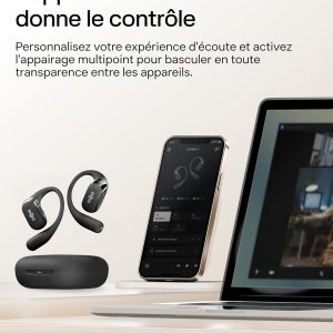 SHOKZ OpenFit 2 Casque à Oreilles Libres, écouteurs Bluetooth sans Fil avec Micro, écouteurs avec Crochet d&apos;oreille et 48 Heures de Lecture, Charge Rapide, résistance IP55, Sac de Transport, Noir