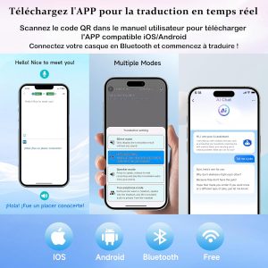 Écouteurs Bluetooth Traducteur Vocal Instantané IA, Conversation Instantanée Meilleur, Sans WiFi, 140+ Langues, Compatible iOS Android, Voyage Affaires