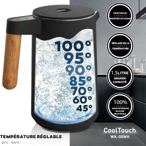 BALTER Bouilloire électrique, en acier inoxydable avec réglage de température, 45 °C - 100 °C, double paroi, sans BPA, garde la chaleur, bouilloire avec affichage de la température, 1,5 L, noire