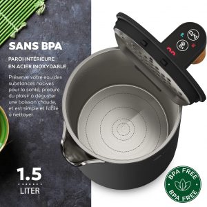 BALTER Bouilloire électrique, en acier inoxydable avec réglage de température, 45 °C - 100 °C, double paroi, sans BPA, garde la chaleur, bouilloire avec affichage de la température, 1,5 L, noire