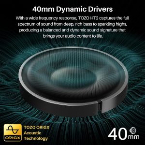 TOZO HT2 Casque Bluetooth sans Fil Ecouteurs Bluetooth 5.3 avec ANC Hybride Hi-Res Audio et ORIGX Acoustique 40mm Contrôleur EQ Ajustement 60H d&amp;apos;Autonomie 3.5mm AUX Audio Câble et USB Type C Noir