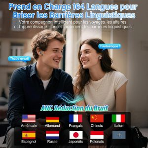 AI Écouteur Traducteur Instantané 164 Langues, ANC/ENC Réduction du Bruit, 7 Modes de Traduction, Écran Tactile LED, IPX7 Étanche, 48H Autonomie, Casque 3-en-1 Musique/Appels/Traducteur