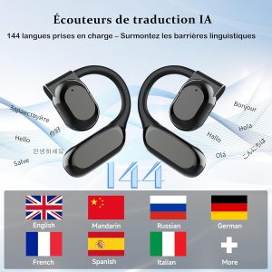 Écouteurs Bluetooth Traducteur Vocal Instantané IA, Conversation Instantanée Meilleur, Sans WiFi, 140+ Langues, Compatible iOS Android, Voyage Affaires