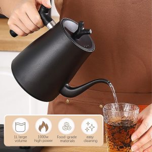 Bouilloire électrique Smart col de cygne 1.0 litre avec réglage de la température, 40-100°C ajustable, 304 acier inoxydable, 36 heures de conservation thermique, Anti-Dry Burn Protection, Matte Black